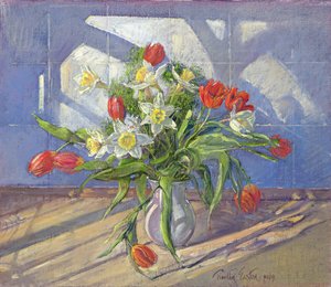 Flores de Primavera con Reflejos en la Ventana